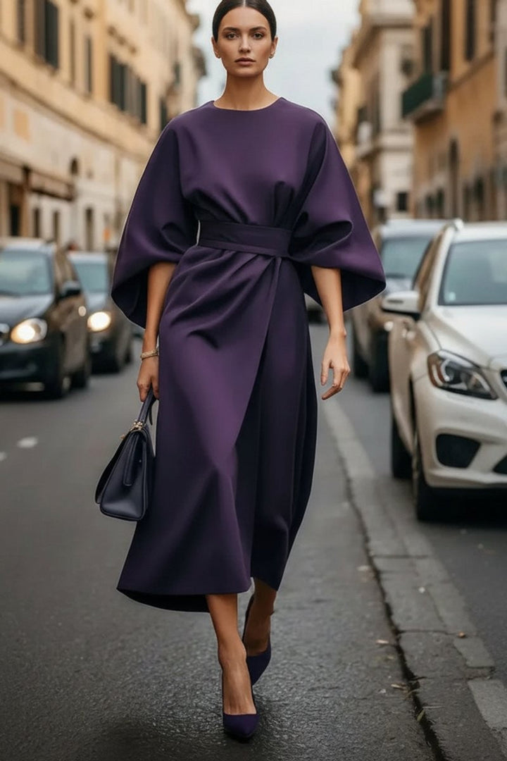 Valentina | Cape-Sleeve Belted Draped Fall Wedding Guest Midi Dress