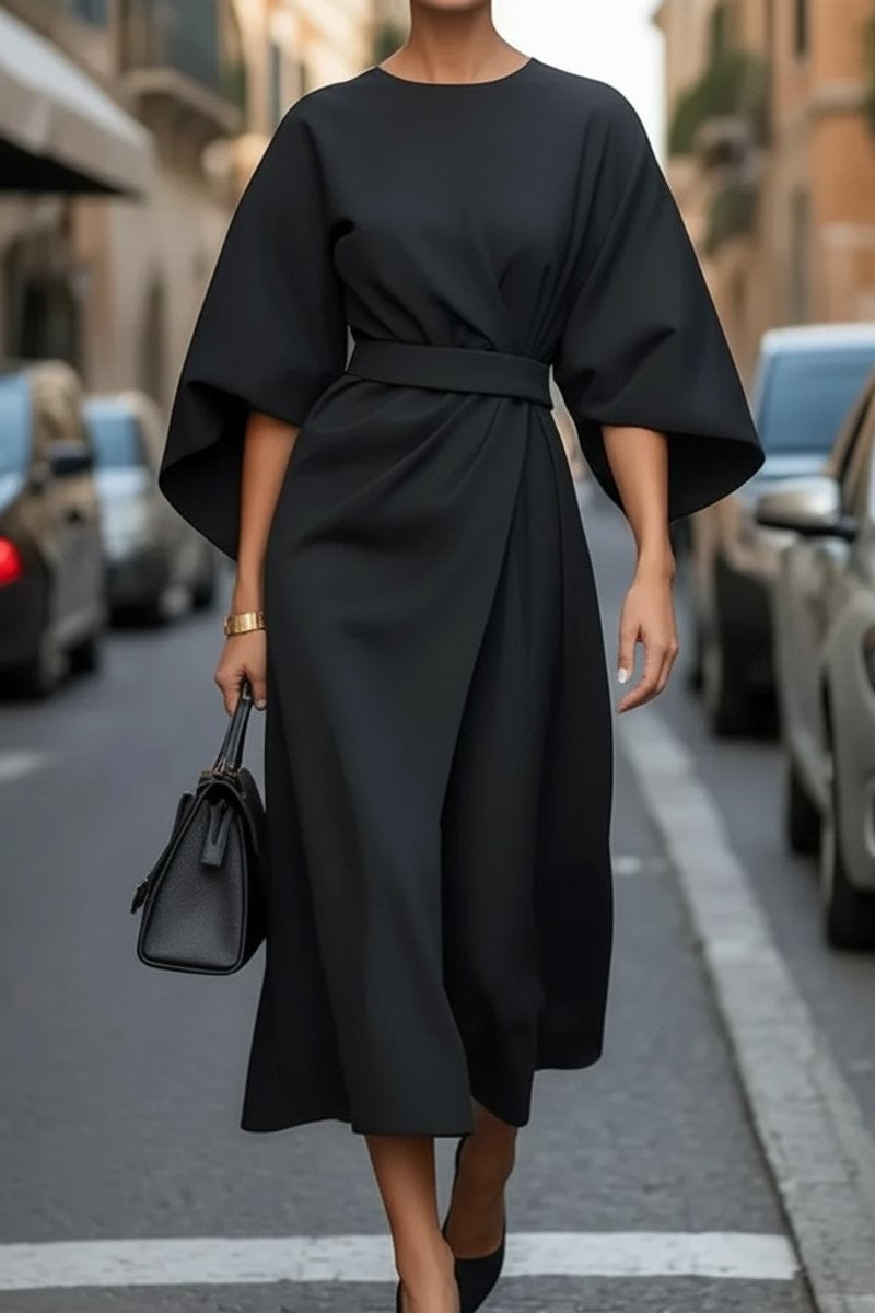 Valentina | Cape-Sleeve Belted Draped Fall Wedding Guest Midi Dress