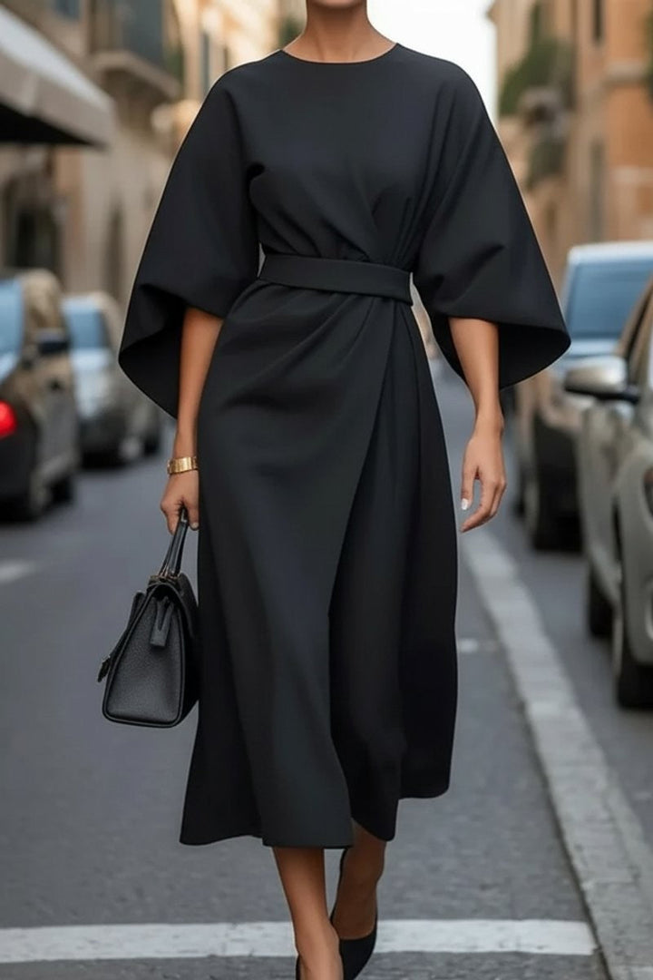 Valentina | Cape-Sleeve Belted Draped Fall Wedding Guest Midi Dress